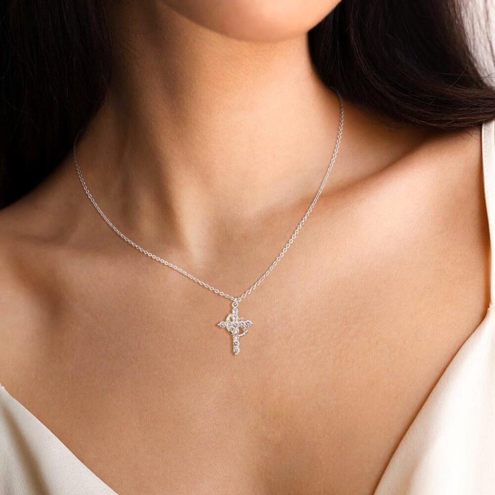 Perfect Gift Women Silver Crown Cross Necklace Gold Silver Plated Faith Jewelry - Picture 3 of 8